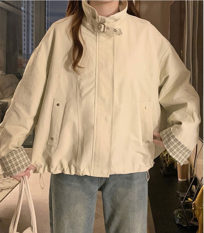 Retro beige plaid short jacket splice loose Casual tops