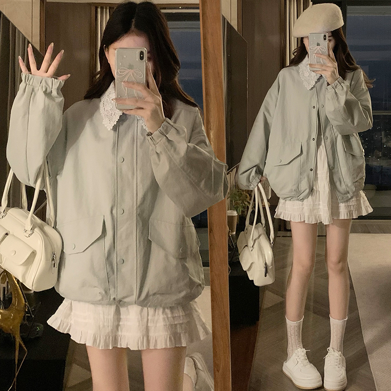 Lapel lace Korean style windbreaker short loose Casual coat