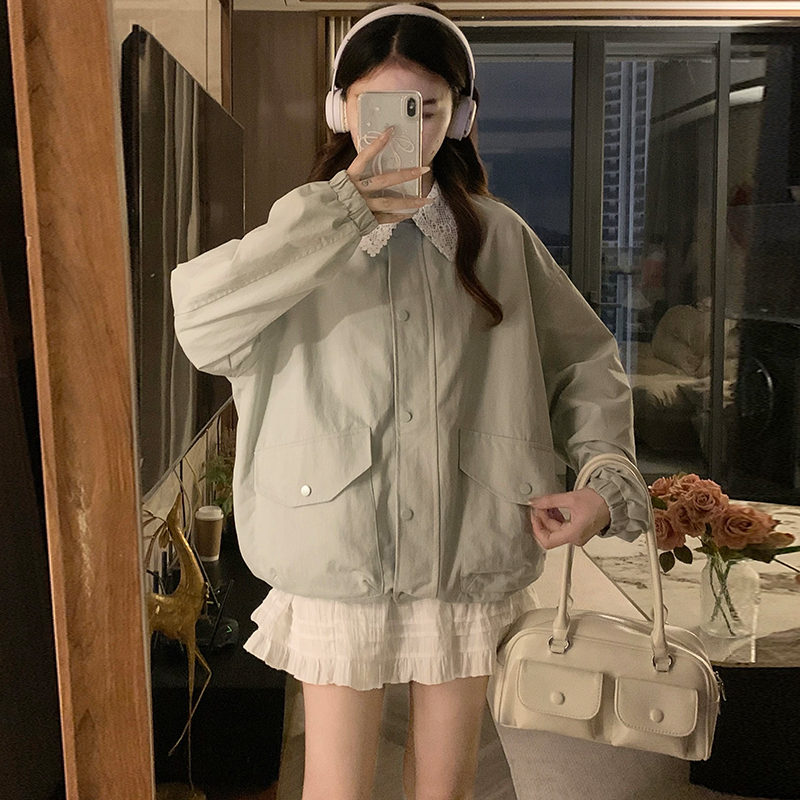 Lapel lace Korean style windbreaker short loose Casual coat
