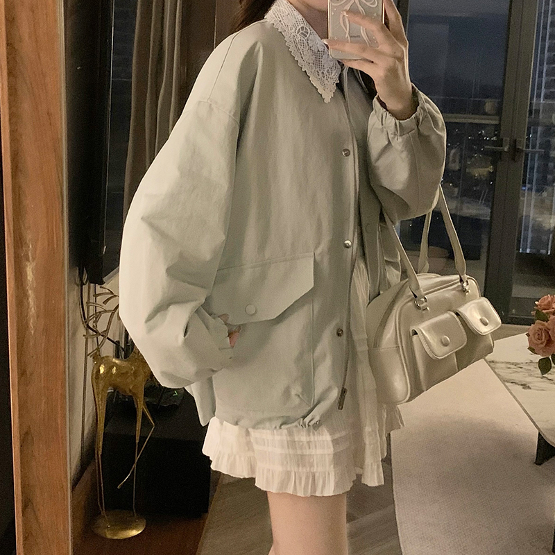 Lapel lace Korean style windbreaker short loose Casual coat