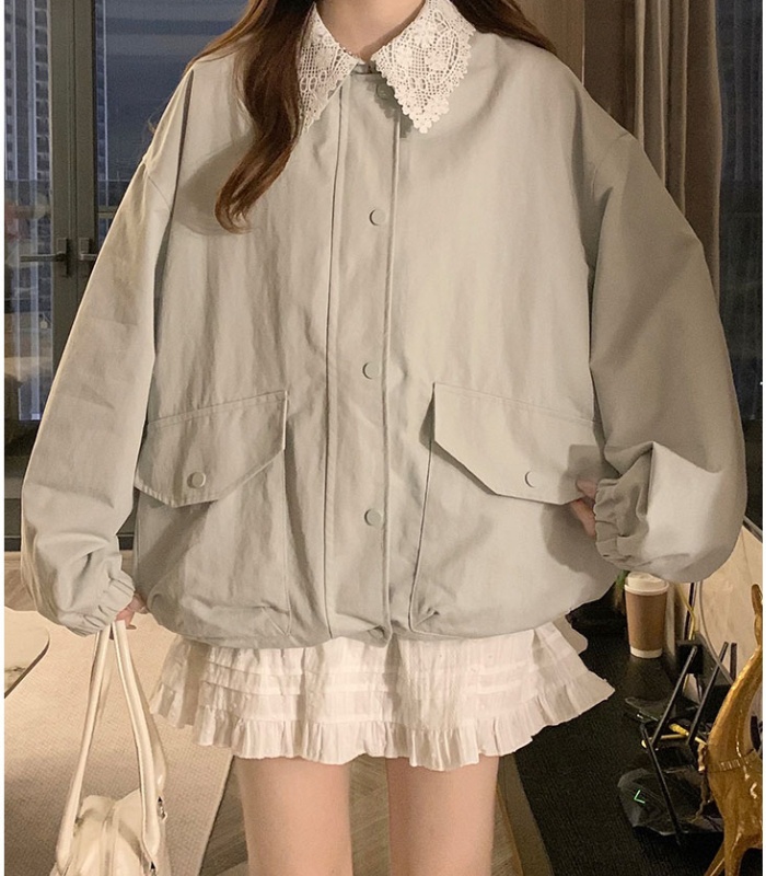 Lapel lace Korean style windbreaker short loose Casual coat