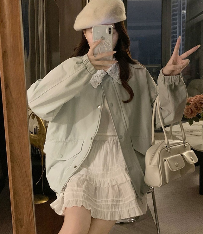 Lapel lace Korean style windbreaker short loose Casual coat