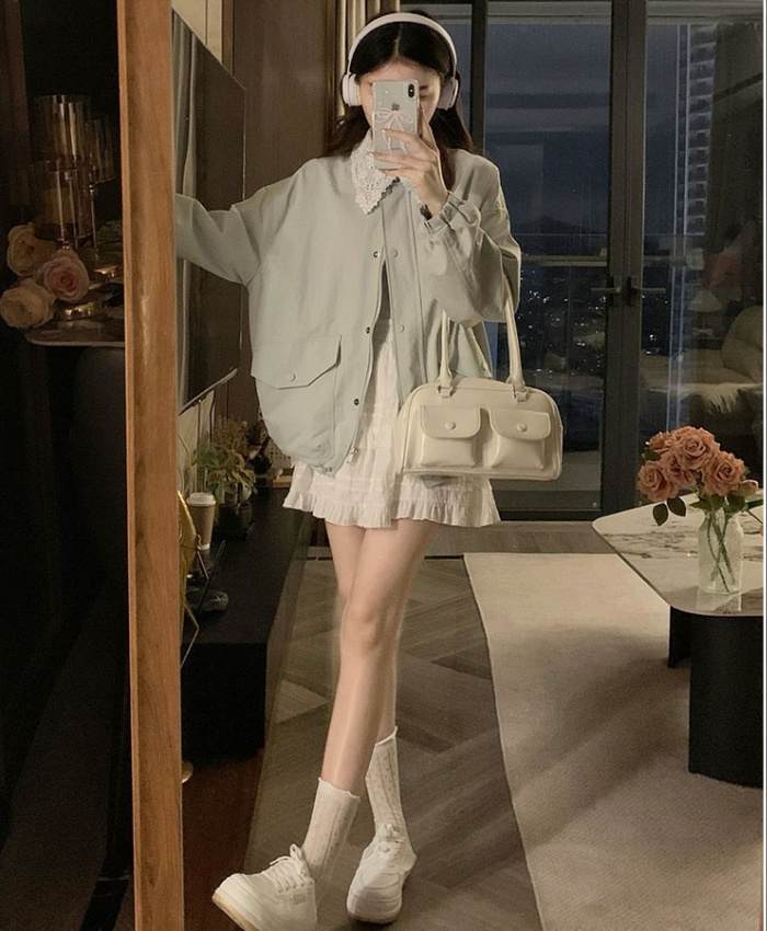 Lapel lace Korean style windbreaker short loose Casual coat