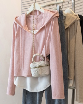 Pink hooded T-shirt Pseudo-two show young tops for women