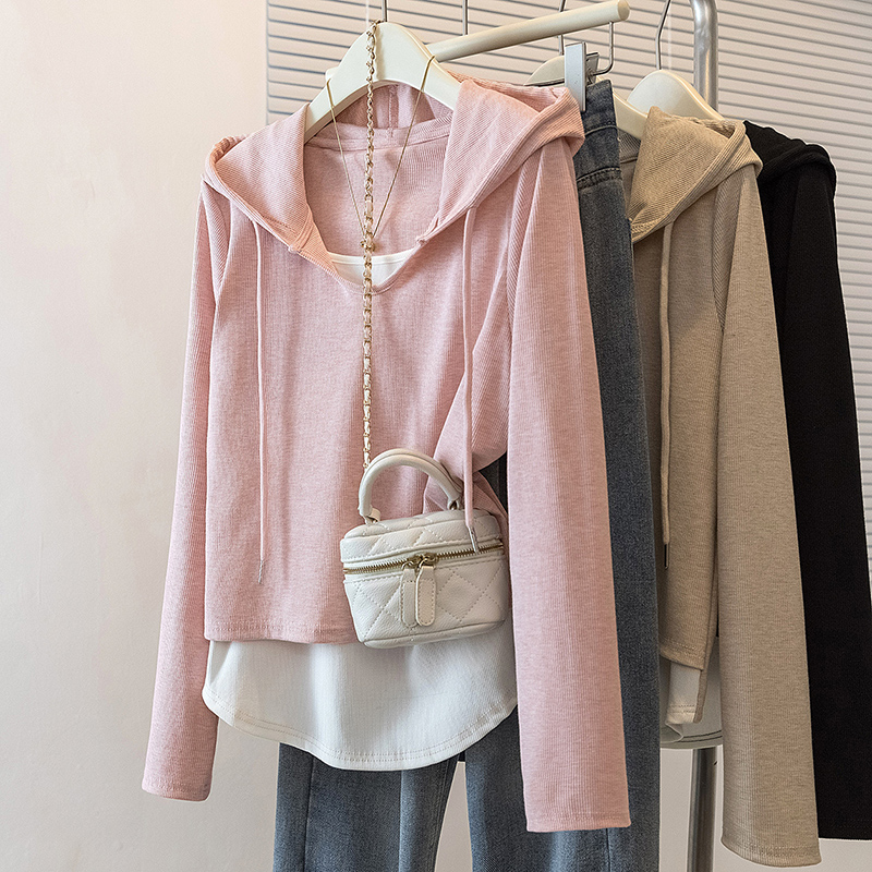 Pink hooded T-shirt Pseudo-two show young tops for women