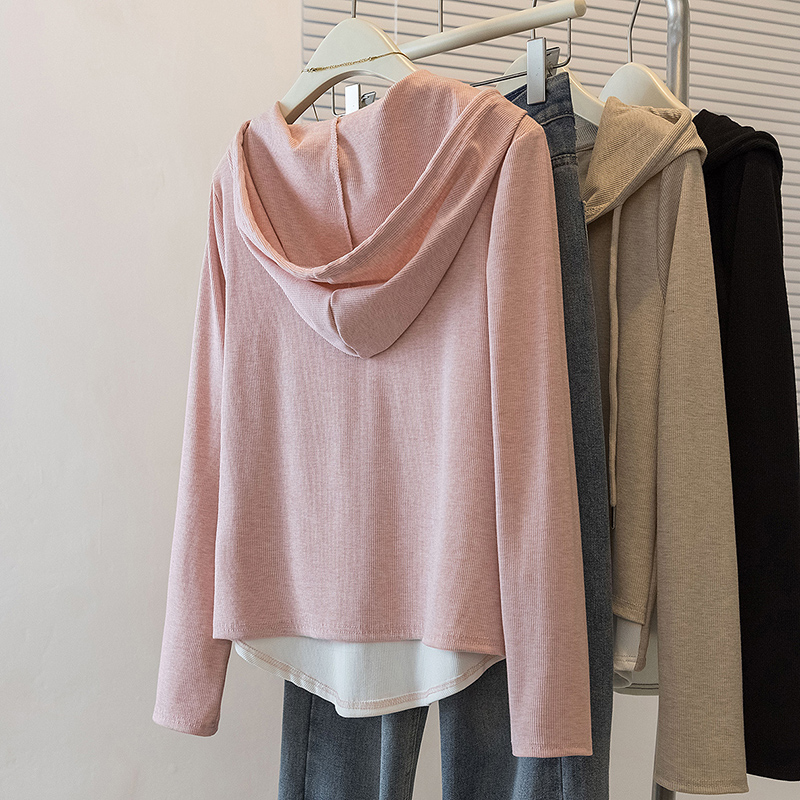 Pink hooded T-shirt Pseudo-two show young tops for women