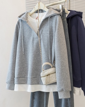 Spring Pseudo-two hooded coat loose gray tops for women
