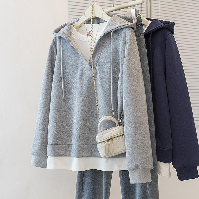 Spring Pseudo-two hooded coat loose gray tops for women