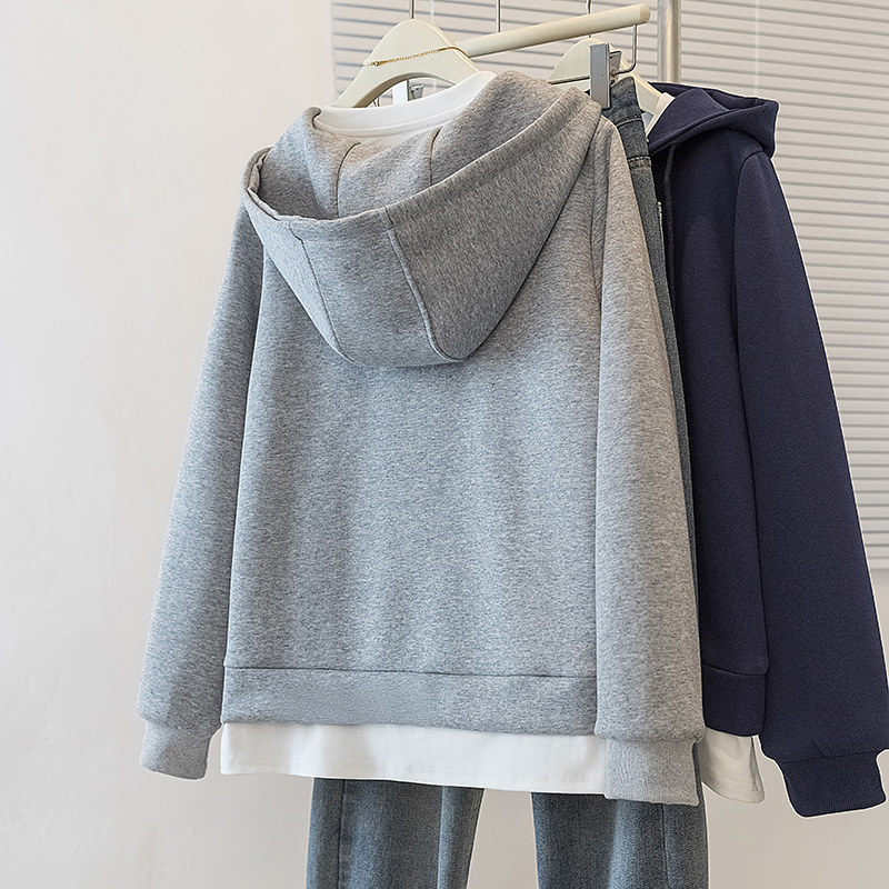 Spring Pseudo-two hooded coat loose gray tops for women
