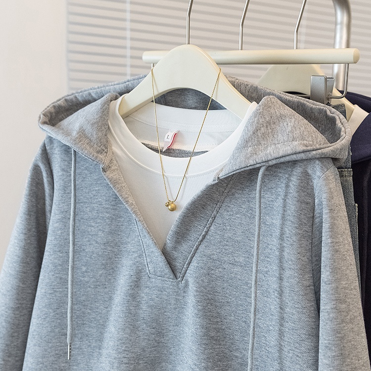 Spring Pseudo-two hooded coat loose gray tops for women