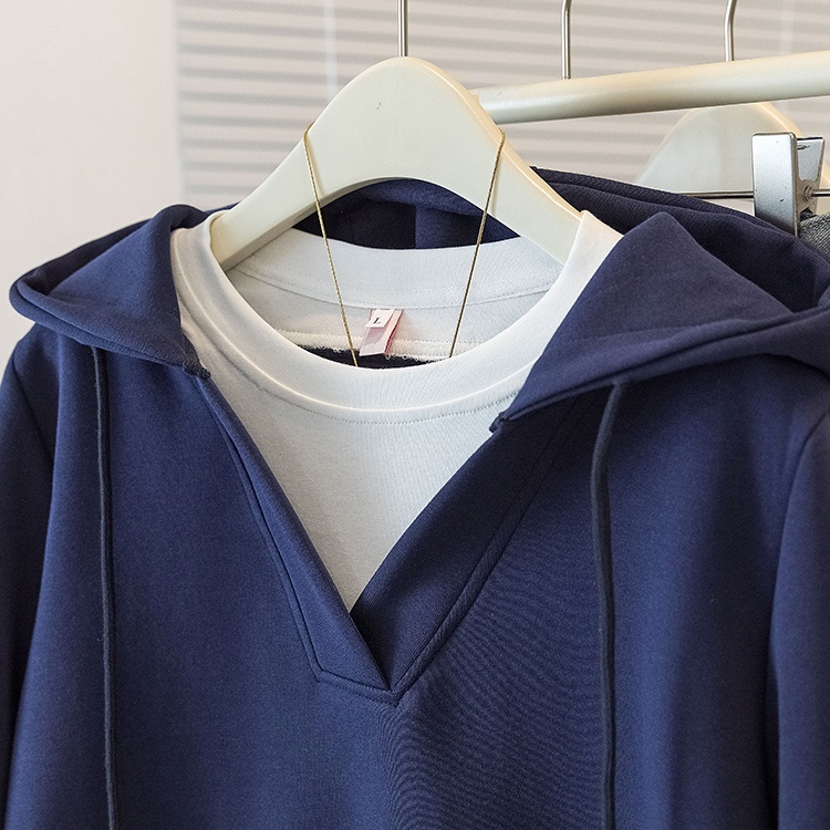 Spring Pseudo-two hooded coat loose gray tops for women