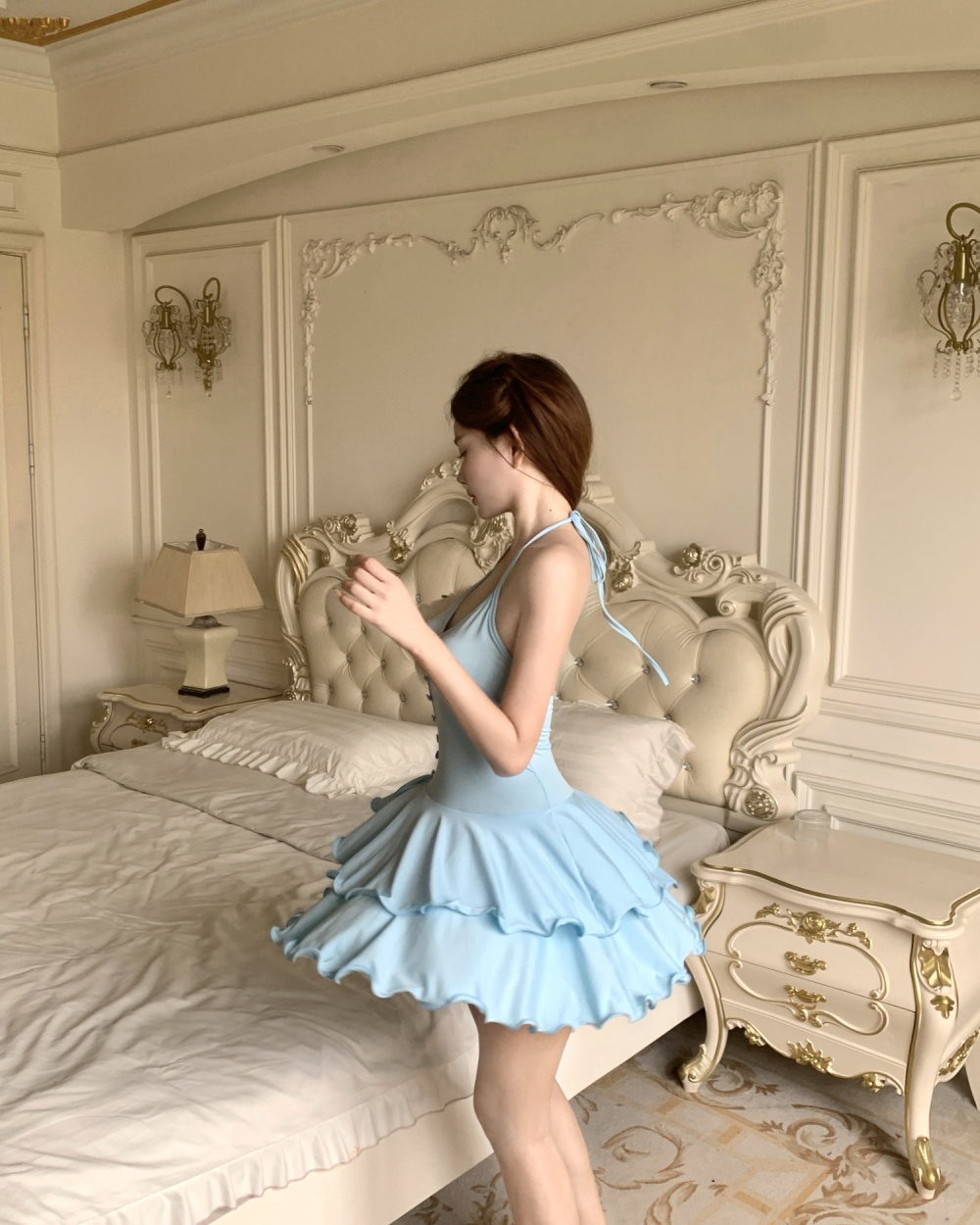Lotus leaf edges sweet cake spicegirl blue dress for women