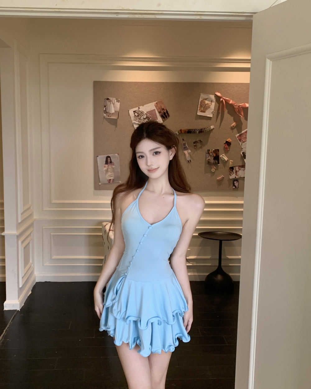 Lotus leaf edges sweet cake spicegirl blue dress for women