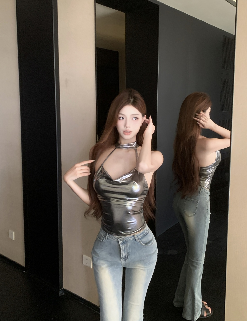 Enticement halter slim sling spicegirl silver tops for women