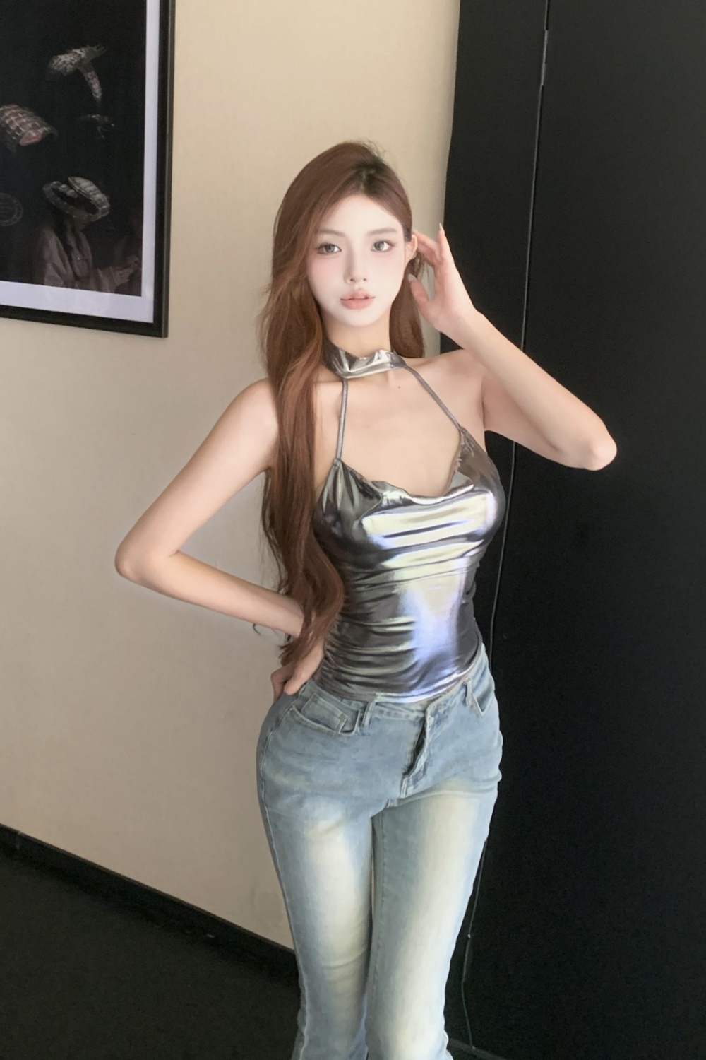 Enticement halter slim sling spicegirl silver tops for women