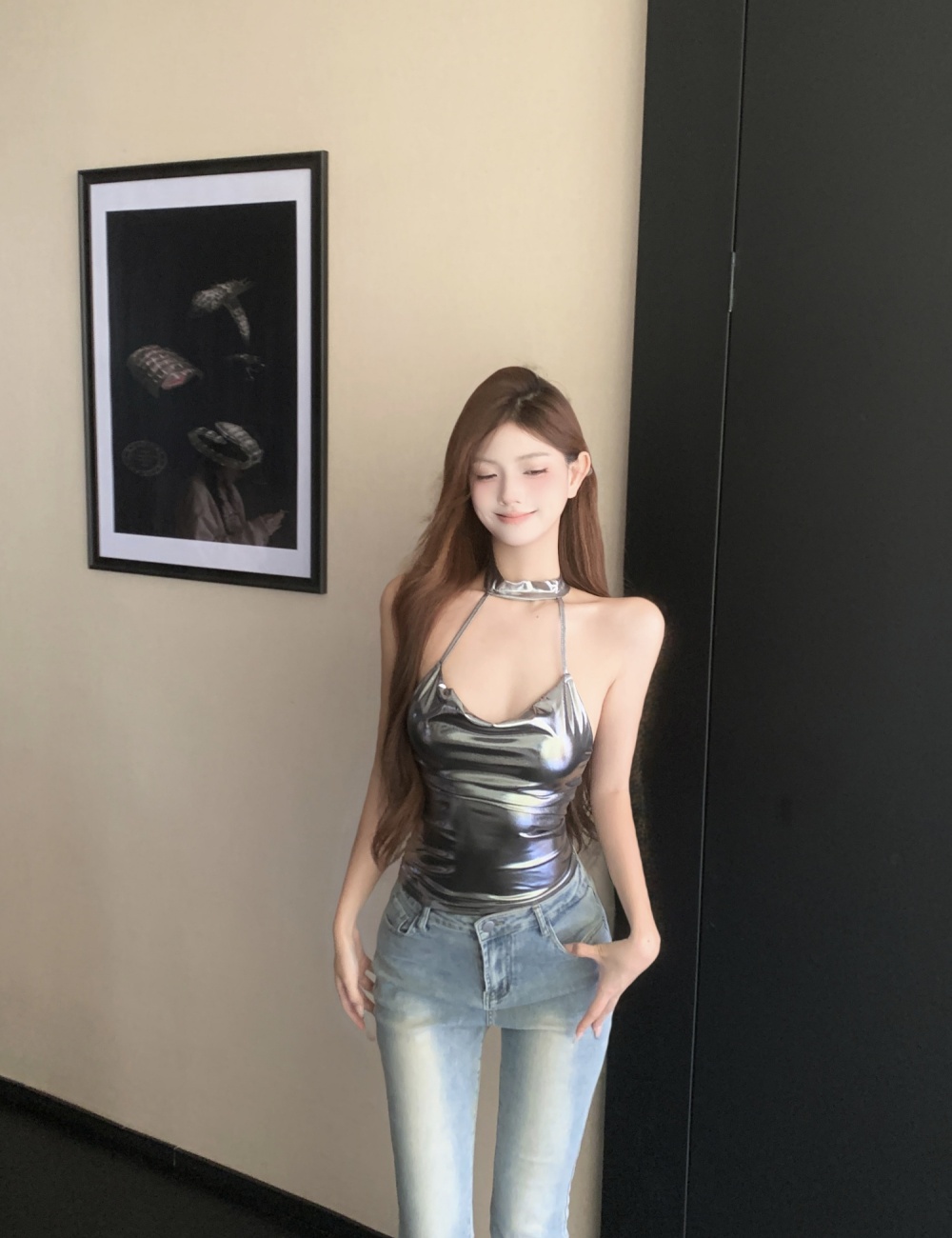 Enticement halter slim sling spicegirl silver tops for women