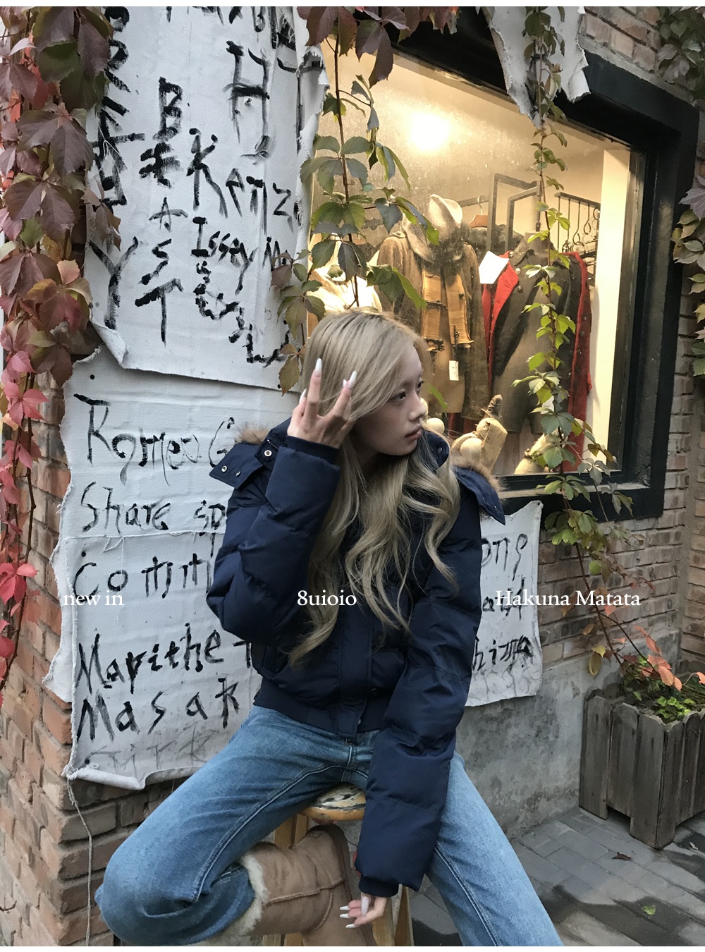 Winter removable coat navy-blue hat for women
