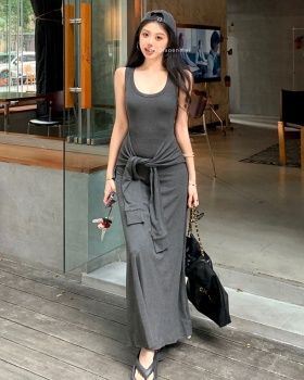 Trimming long dress summer Pseudo-two sleeveless dress