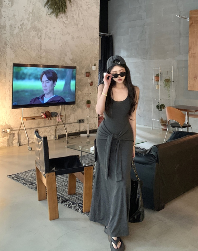 Trimming long dress summer Pseudo-two sleeveless dress