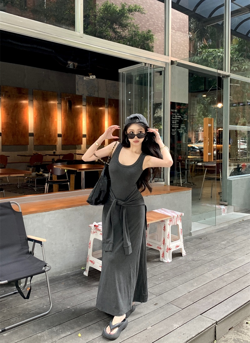 Trimming long dress summer Pseudo-two sleeveless dress