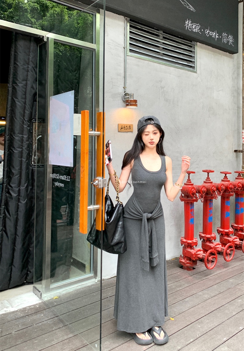Trimming long dress summer Pseudo-two sleeveless dress