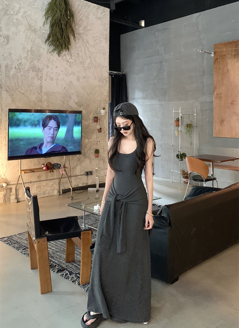 Trimming long dress summer Pseudo-two sleeveless dress