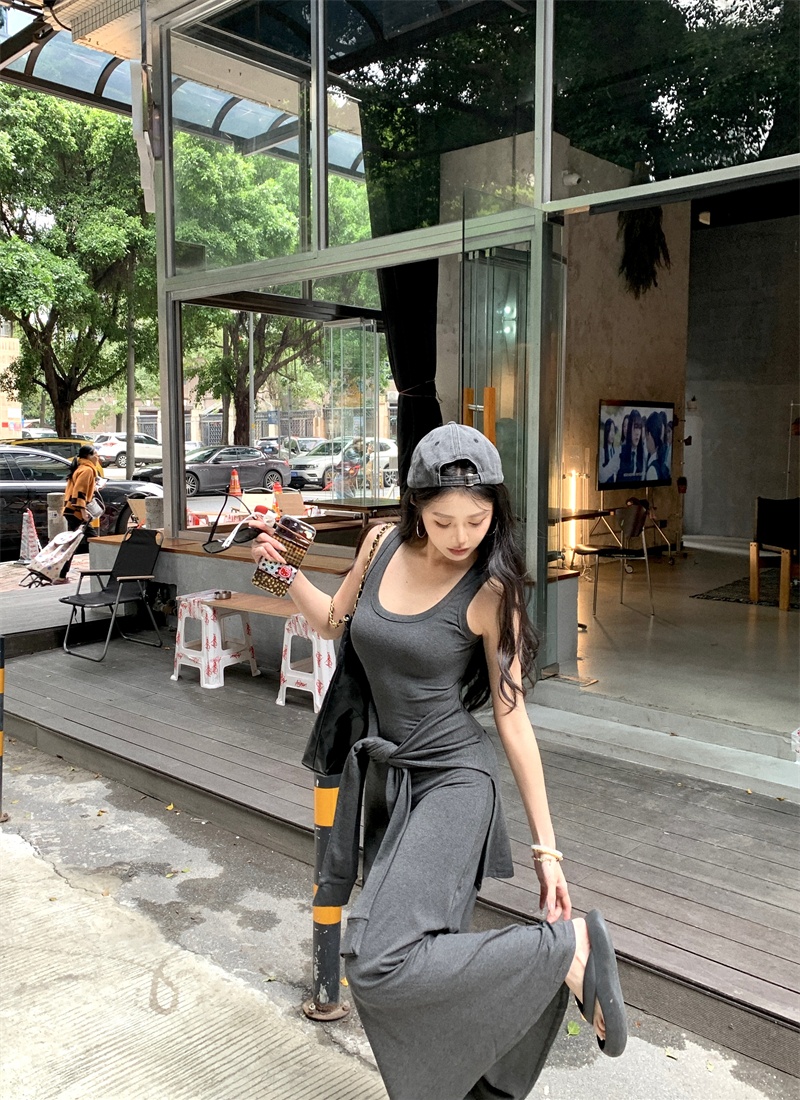 Trimming long dress summer Pseudo-two sleeveless dress