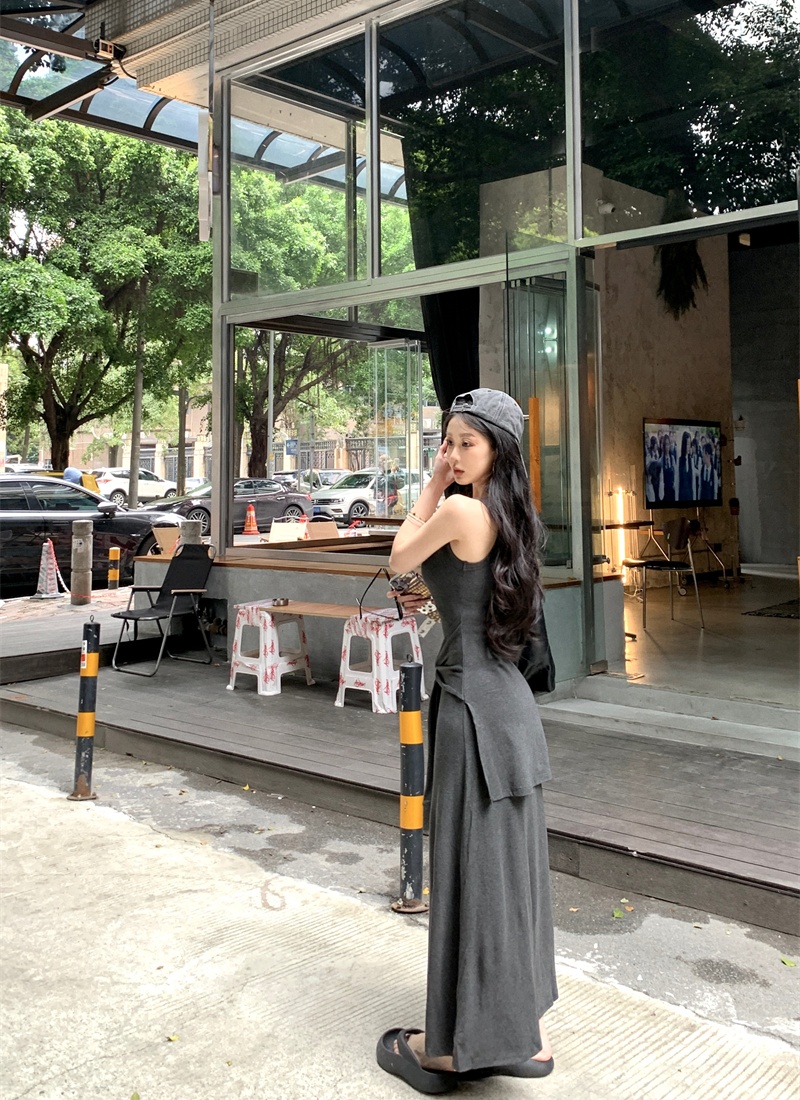 Trimming long dress summer Pseudo-two sleeveless dress