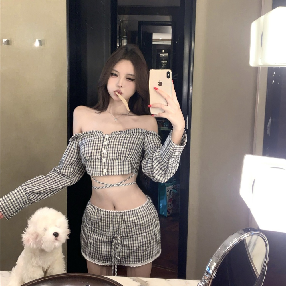 Long sleeve tops short skirt 2pcs set for women