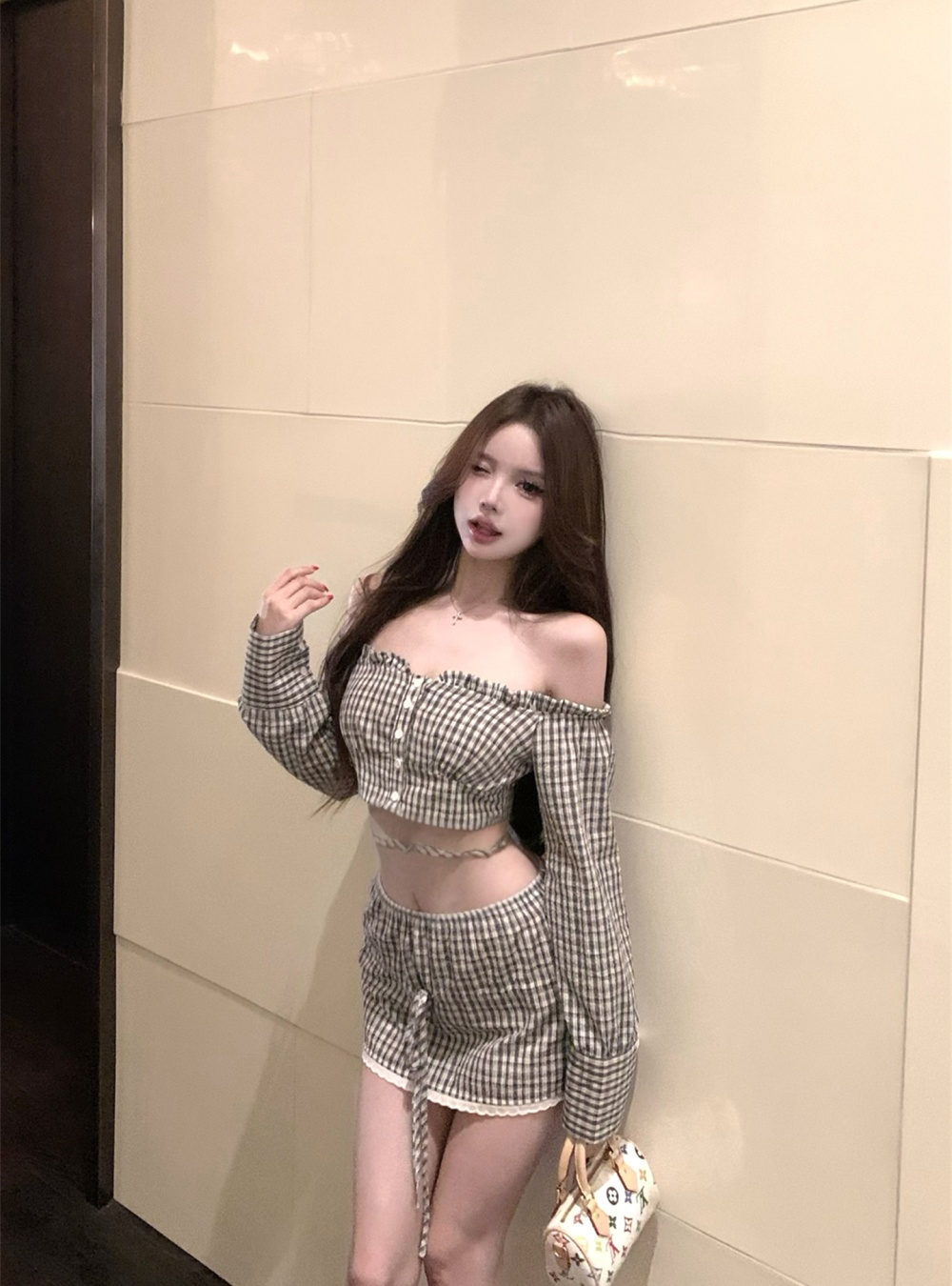 Long sleeve tops short skirt 2pcs set for women