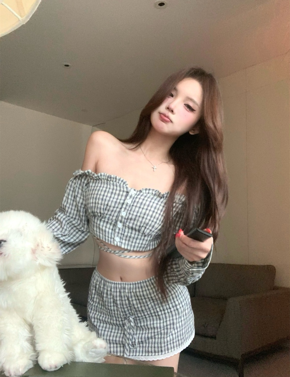 Long sleeve tops short skirt 2pcs set for women