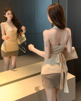 Waist straps slim tops fold irregular skirt a set