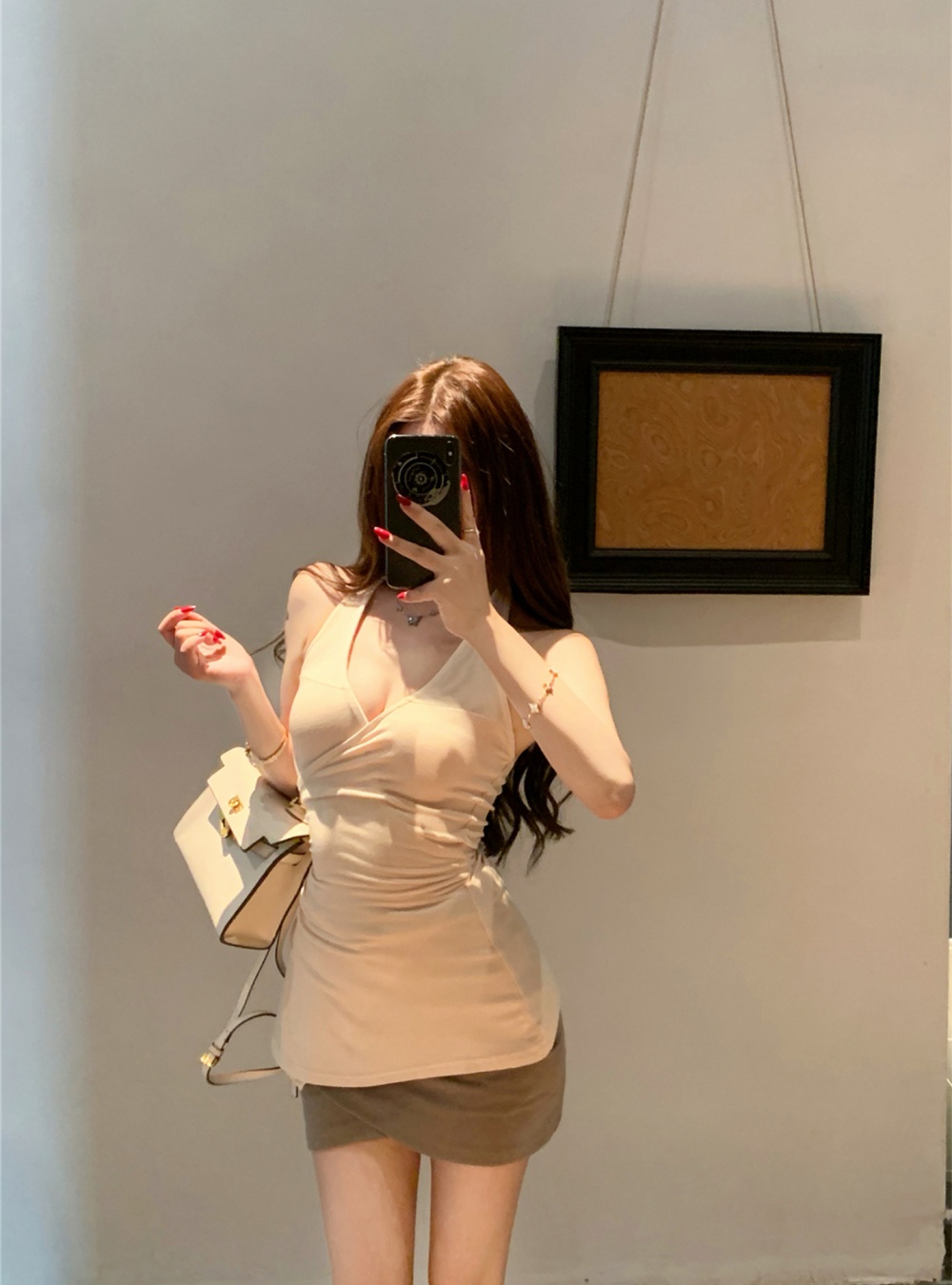 Waist straps slim tops fold irregular skirt a set