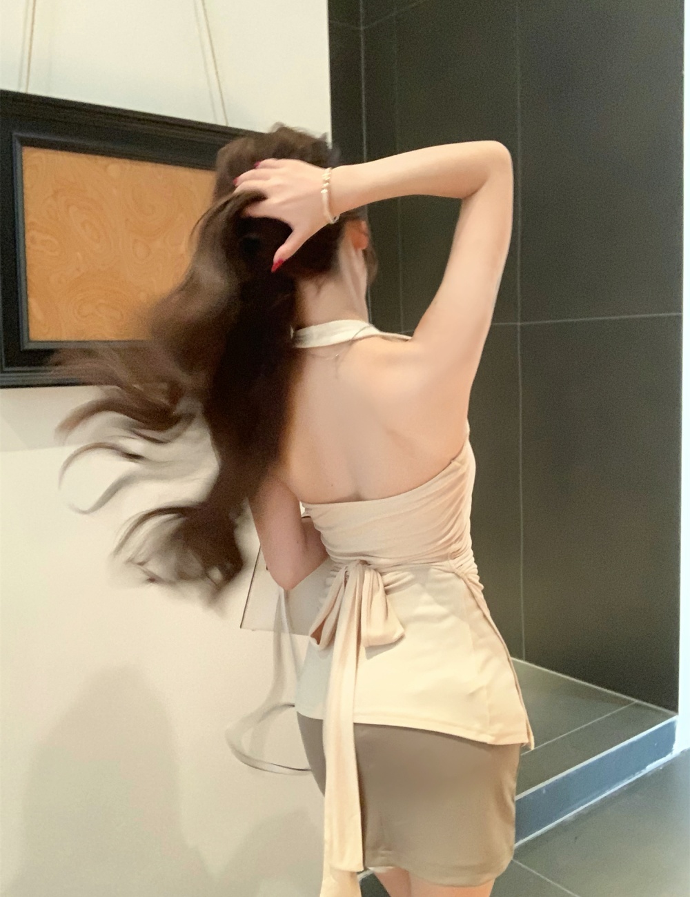 Waist straps slim tops fold irregular skirt a set