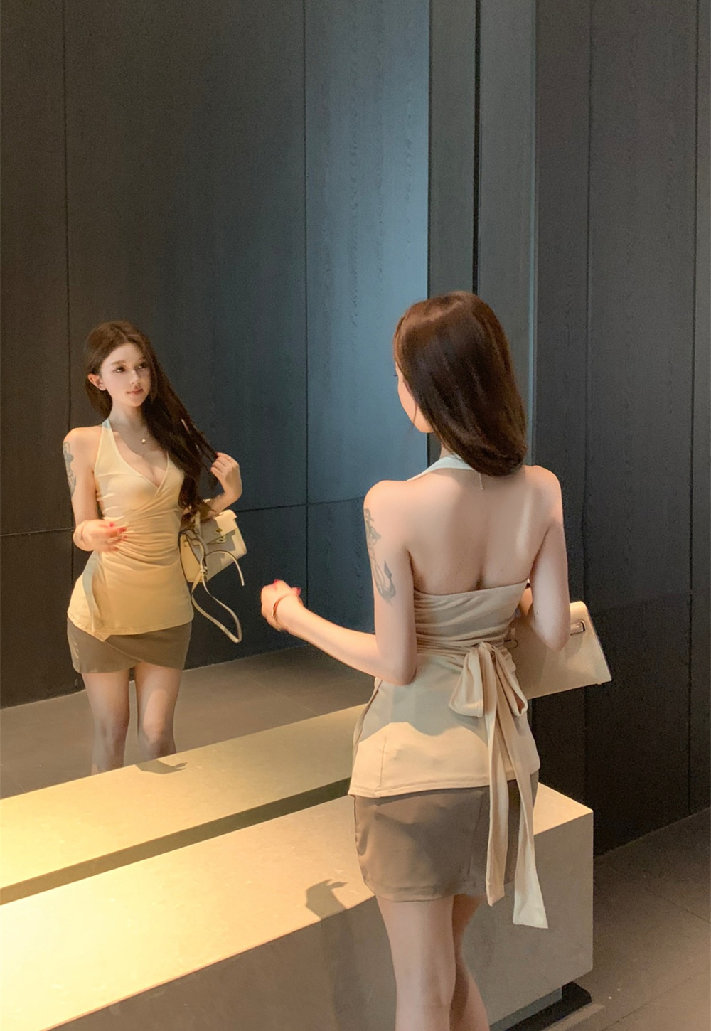 Waist straps slim tops fold irregular skirt a set