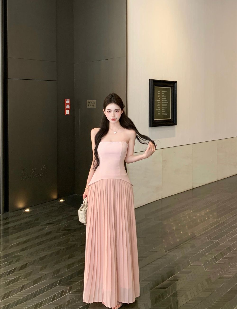 Shoulder strap pinched waist dress summer long dress