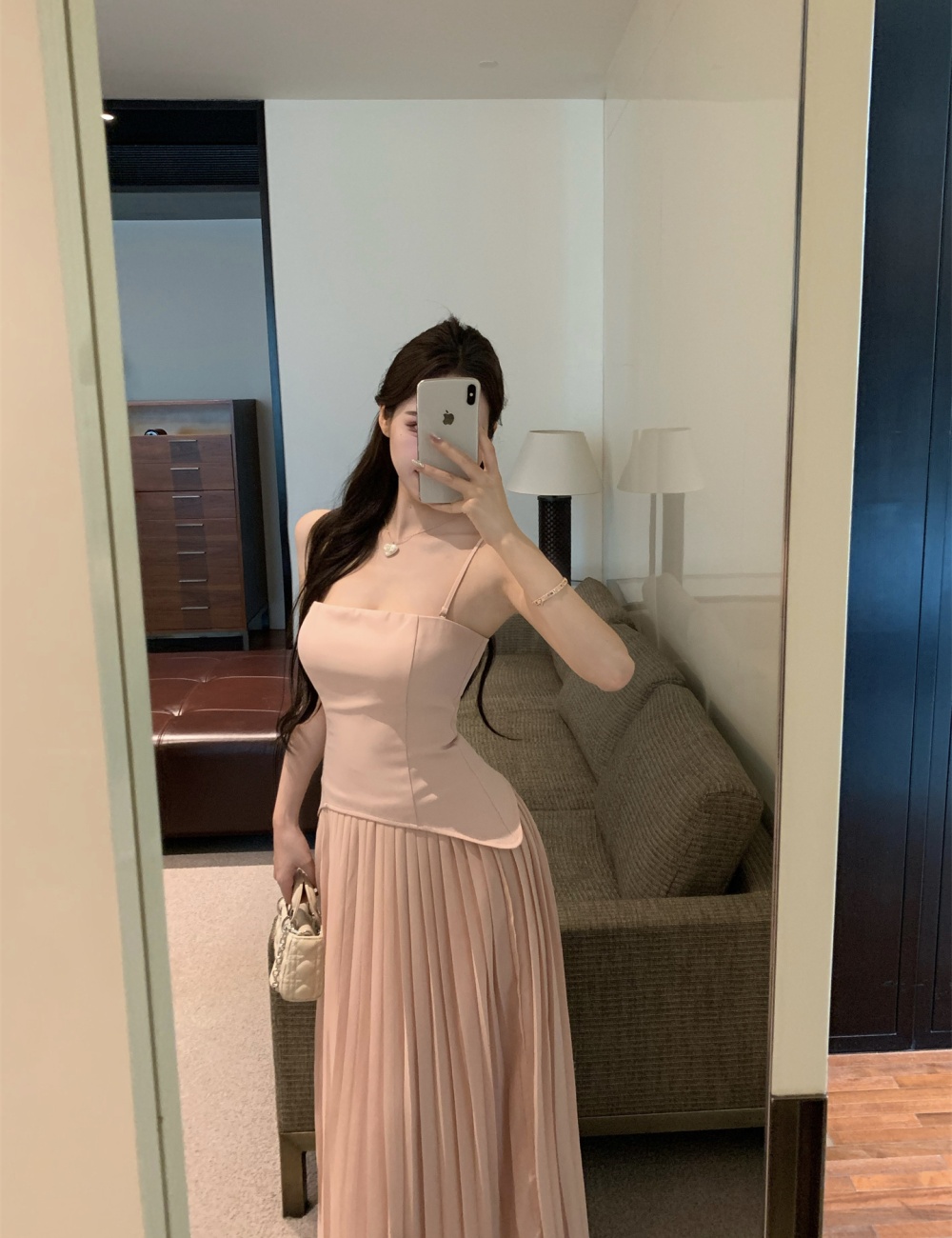 Shoulder strap pinched waist dress summer long dress