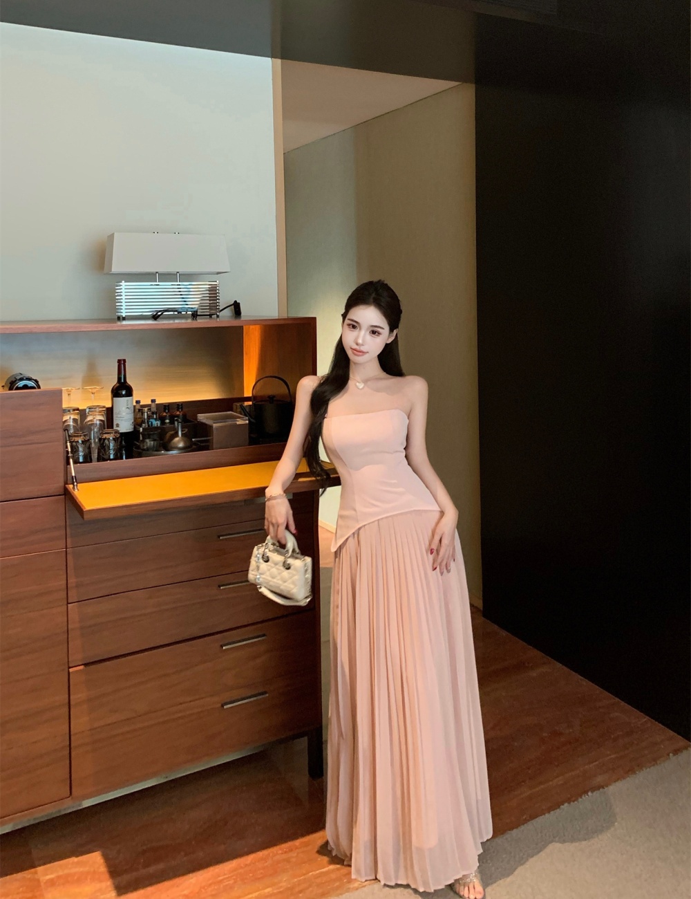 Shoulder strap pinched waist dress summer long dress