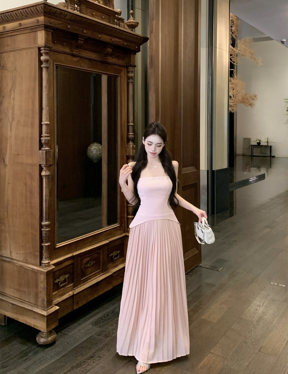 Shoulder strap pinched waist dress summer long dress