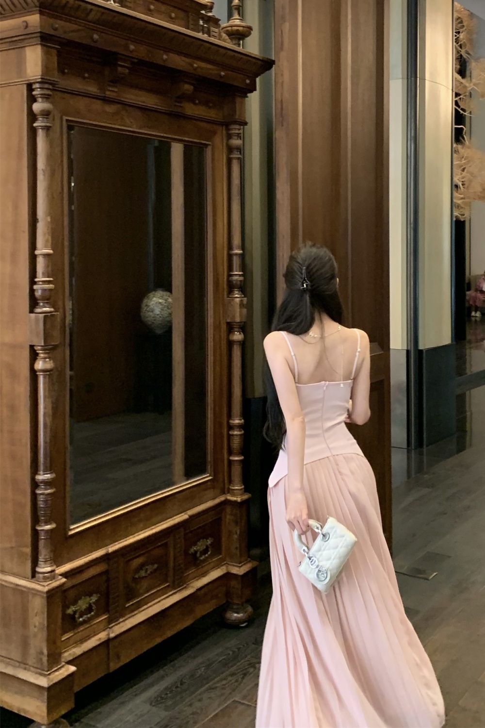 Shoulder strap pinched waist dress summer long dress