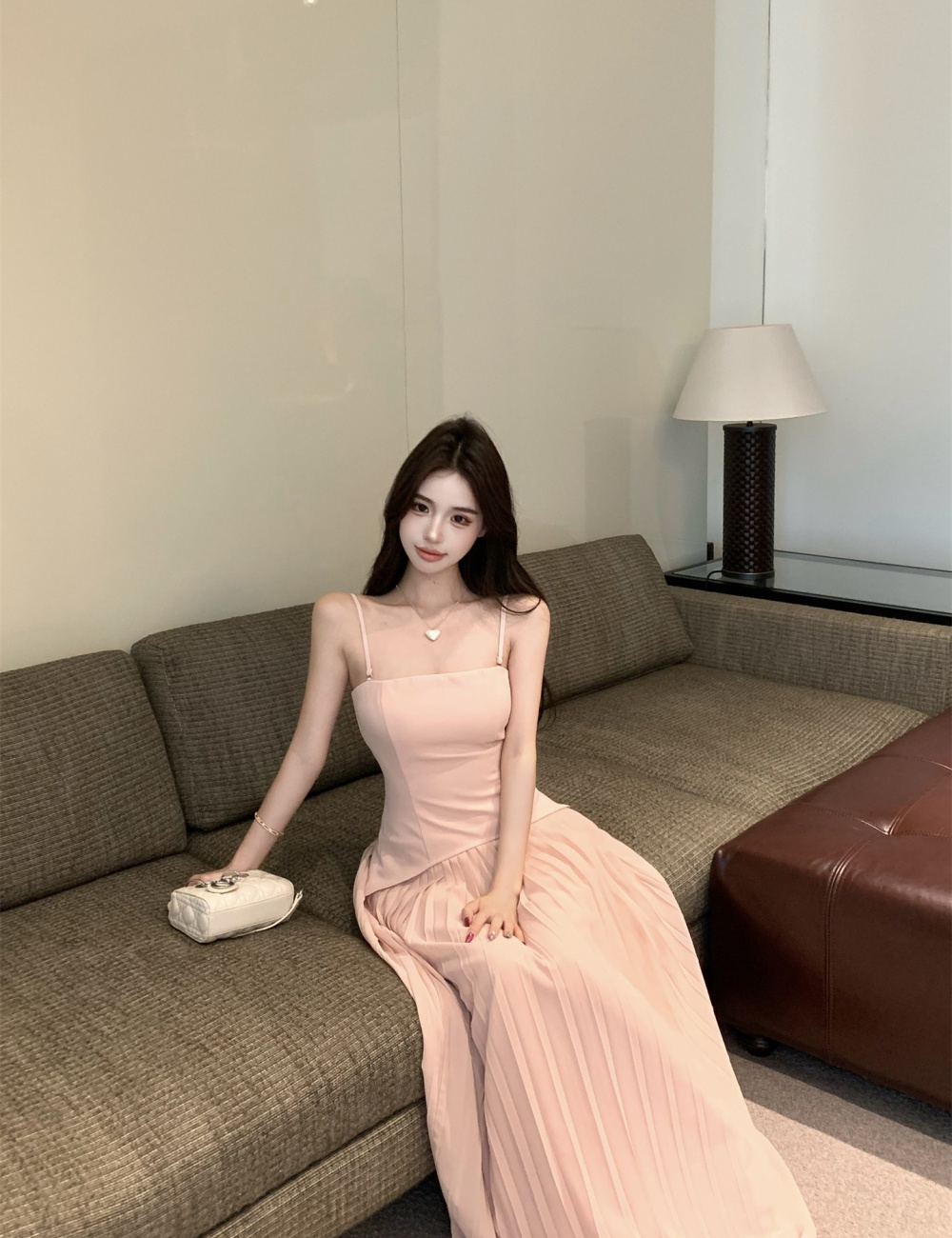 Shoulder strap pinched waist dress summer long dress
