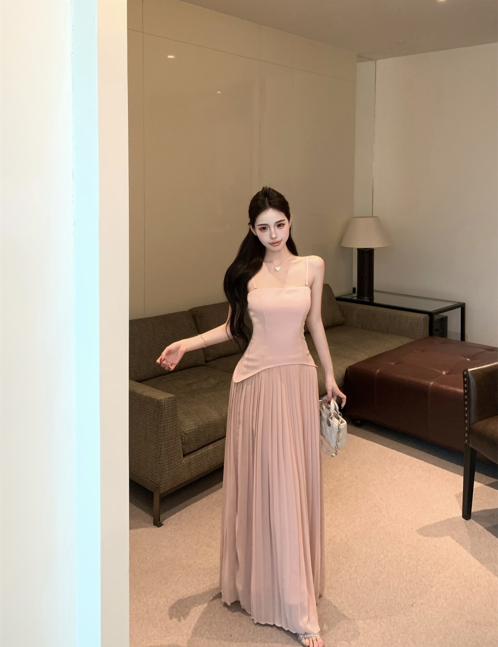 Shoulder strap pinched waist dress summer long dress
