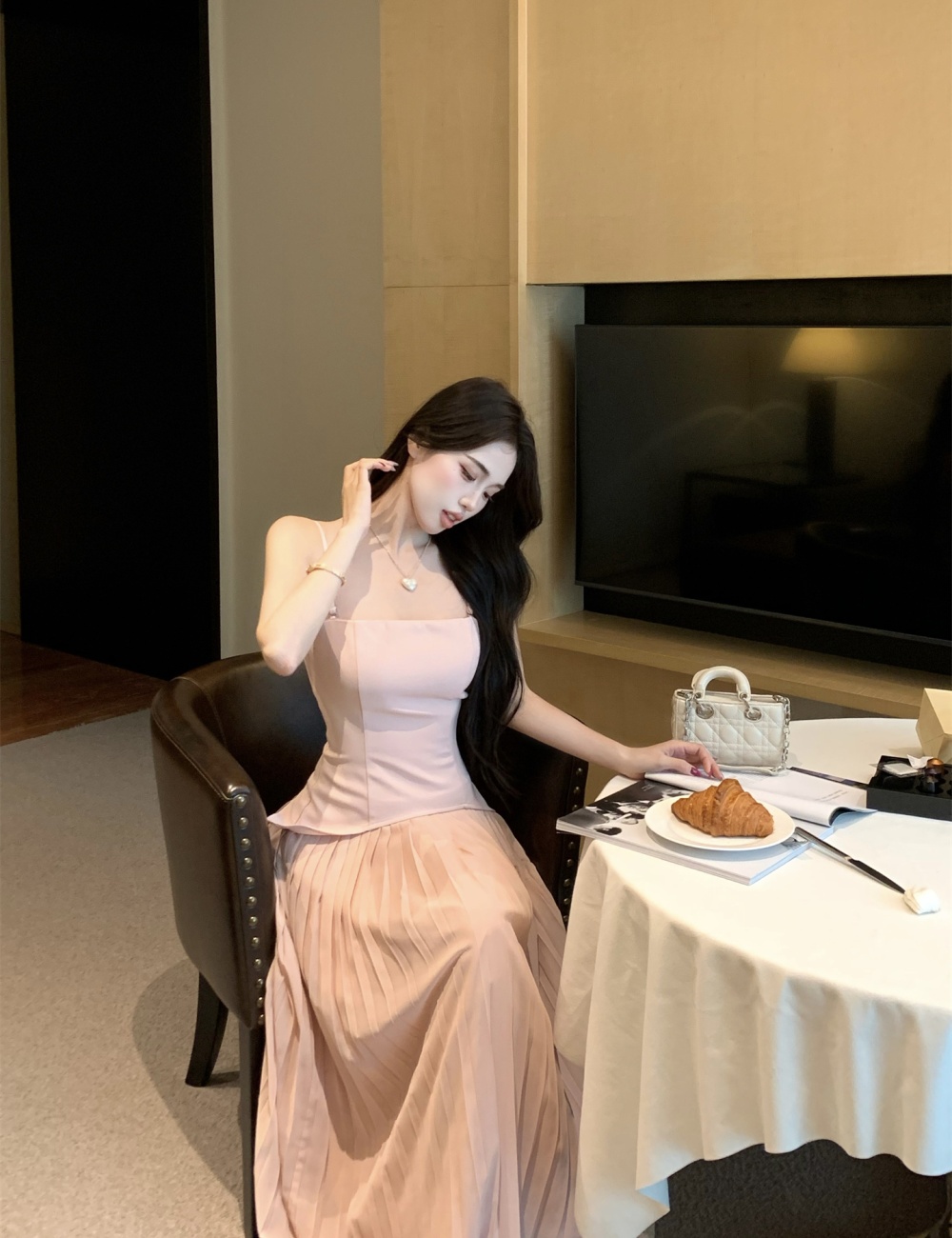 Shoulder strap pinched waist dress summer long dress