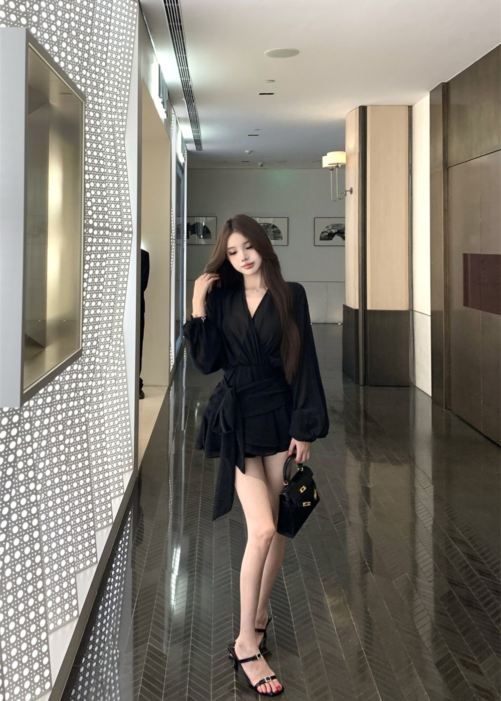 Chiffon streamer T-back autumn temperament dress for women