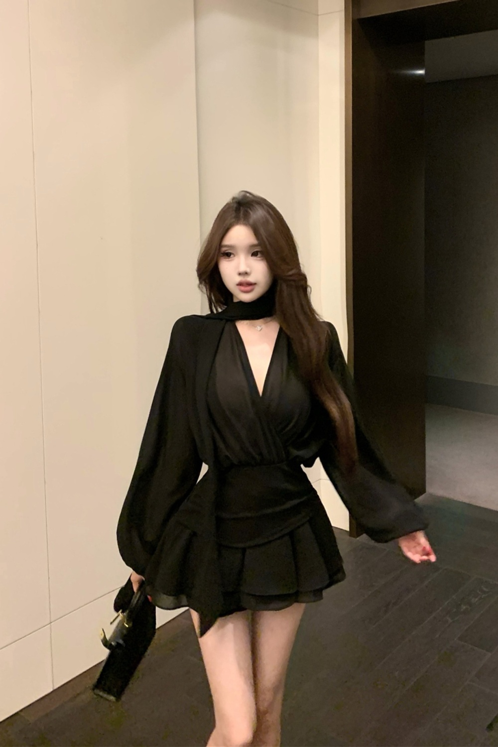 Chiffon streamer T-back autumn temperament dress for women