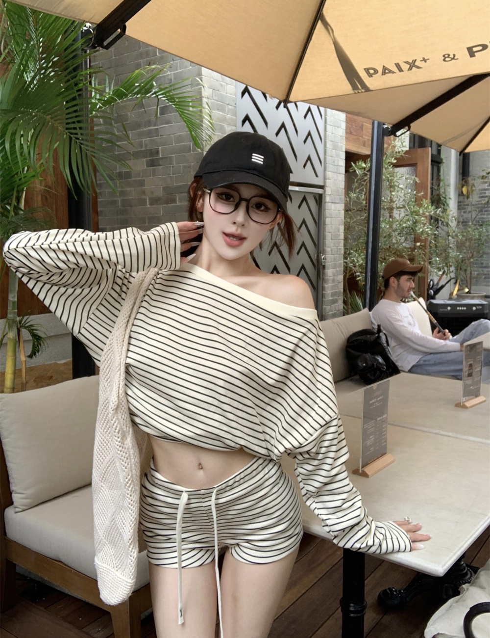 Lazy pinched waist tops autumn sloping shoulder shorts a set