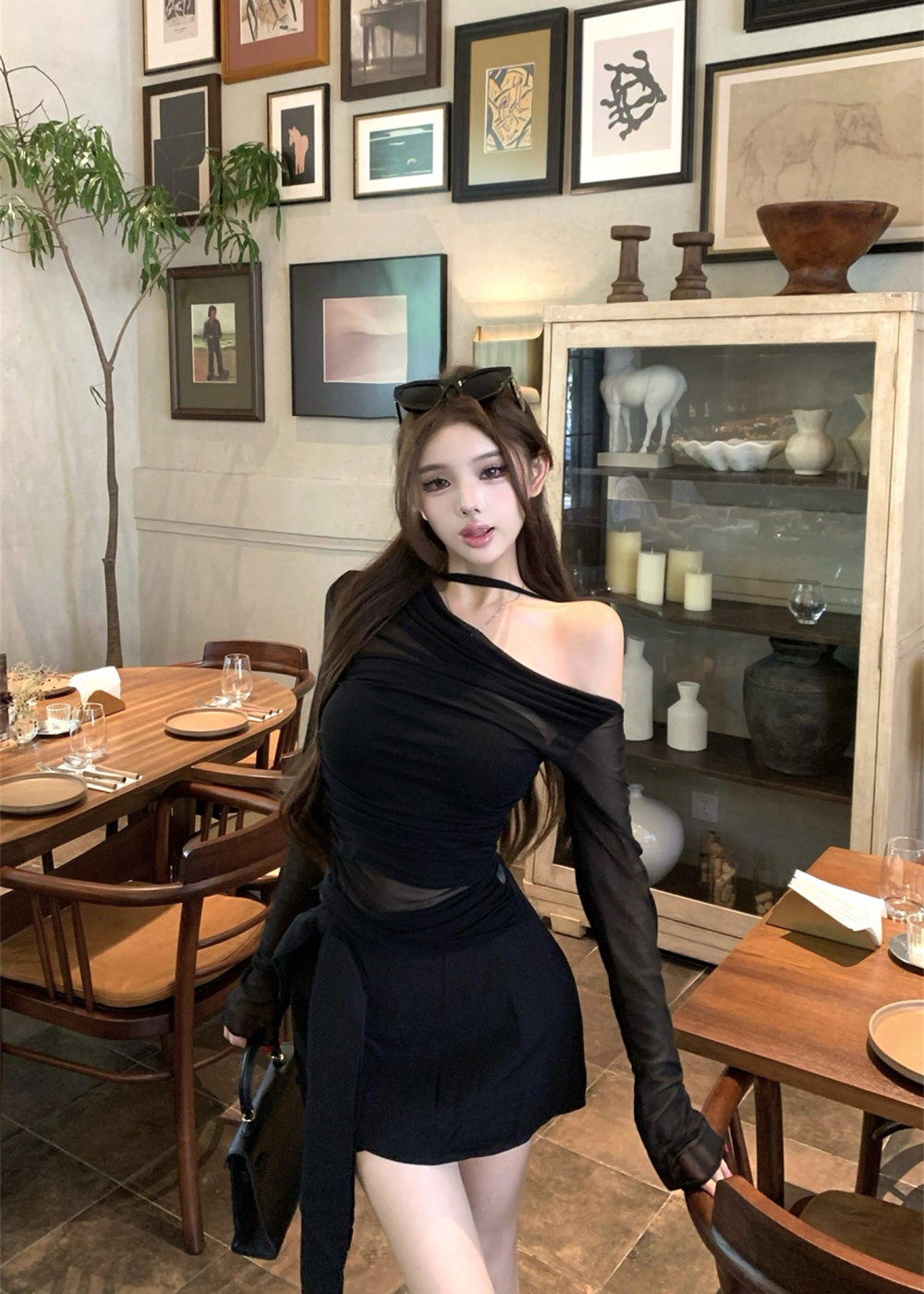 Strapless Pseudo-two skirt autumn slim bottoming shirt a set