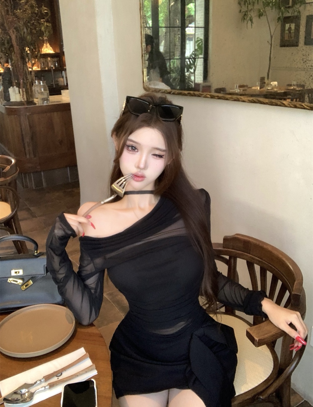 Strapless Pseudo-two skirt autumn slim bottoming shirt a set