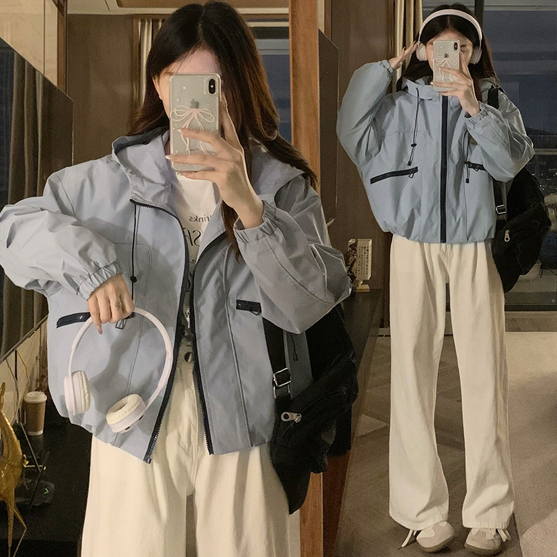 Short blue Casual jacket Korean style hooded tops