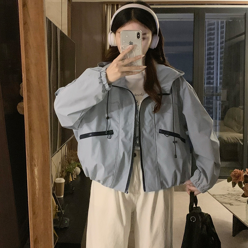 Short blue Casual jacket Korean style hooded tops